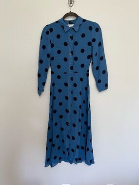 Reformation Blue Midi Shirt Dress with Black Polka Dots